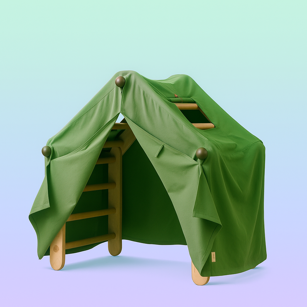 Green play tent with wooden ladder on a light green and purple gradient background